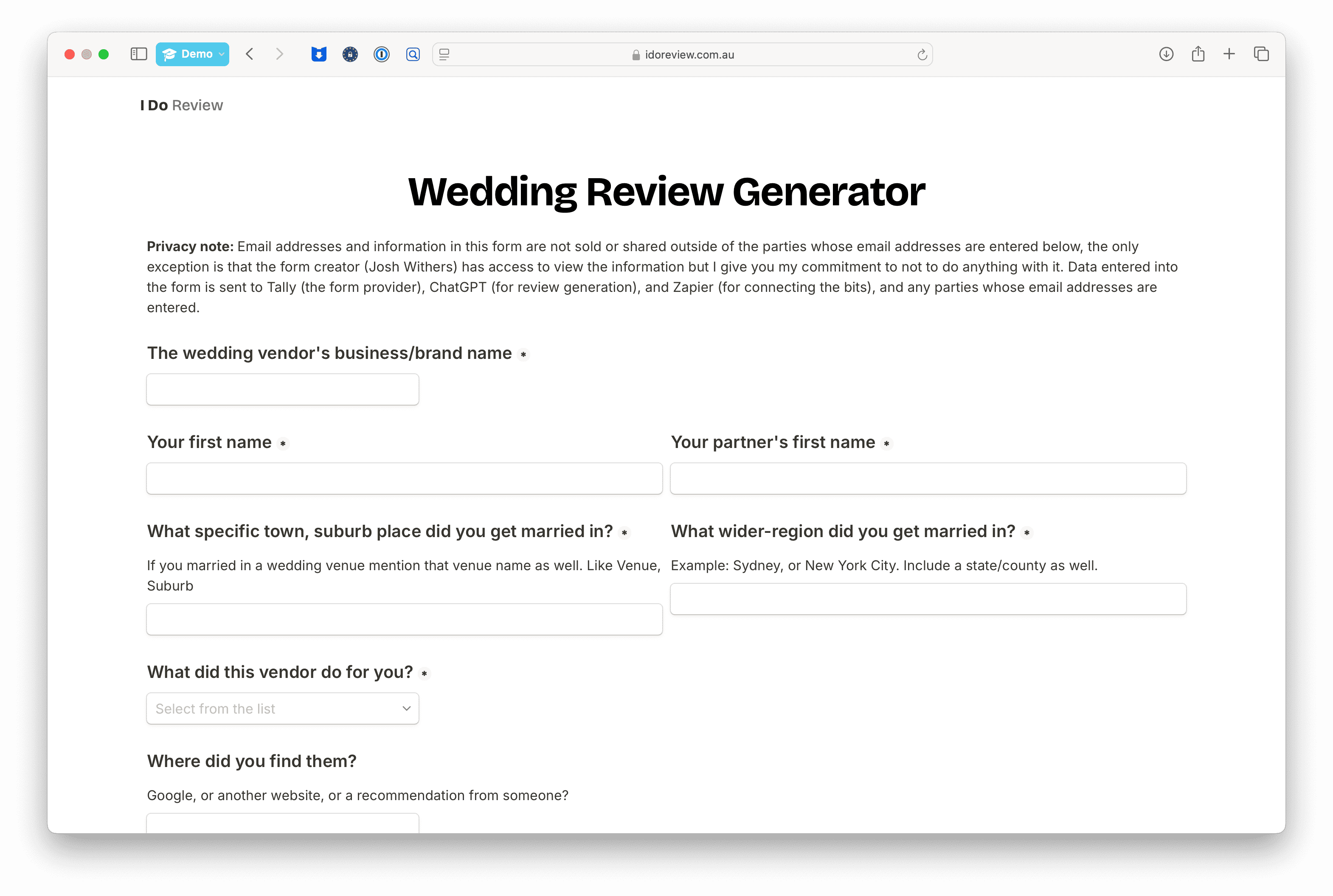 Review generator form screenshot